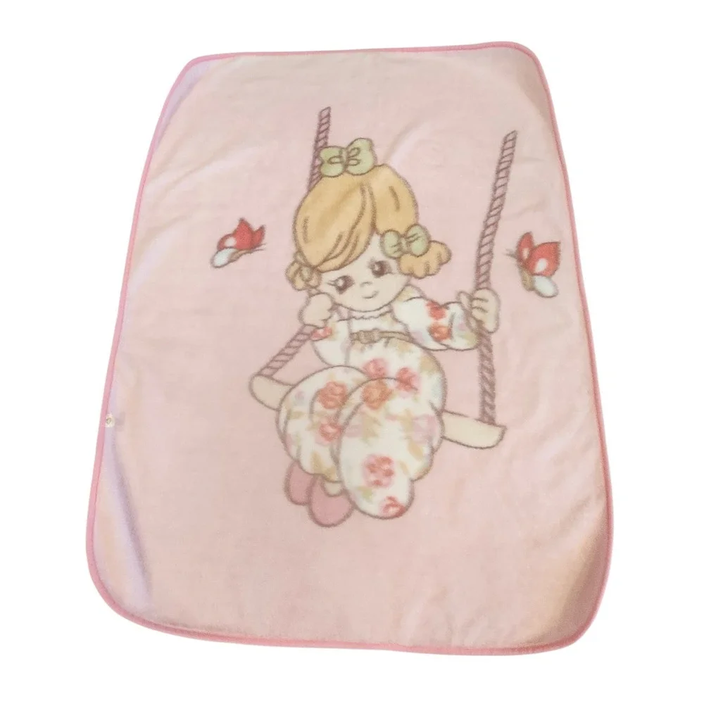 Vintage Precious Moments‎ Girl on Swing Pink Plush Blanket *Read